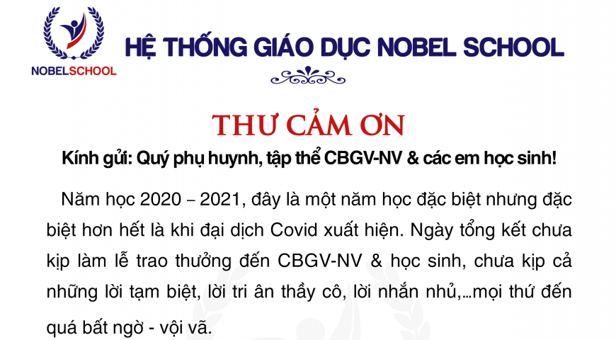 Phó Chủ tịch HĐQT gửi thư cảm ơn đến Quý phụ huynh, CBGVNV và các em học sinh trong hệ thống giáo dục Nobel School
